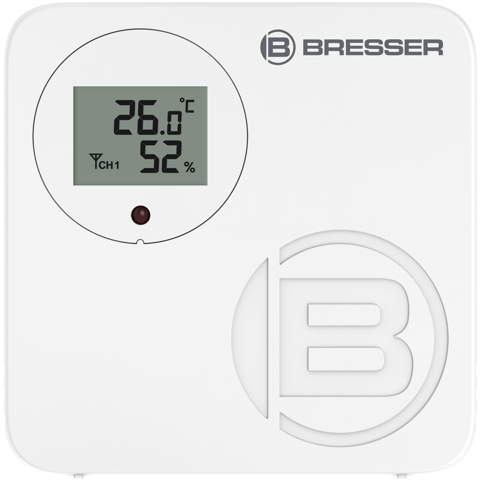 Weißes Bresser Digital-Thermo-Hygrometer zeigt 26,0 Grad Celsius und 52 Prozent Luftfeuchtigkeit.