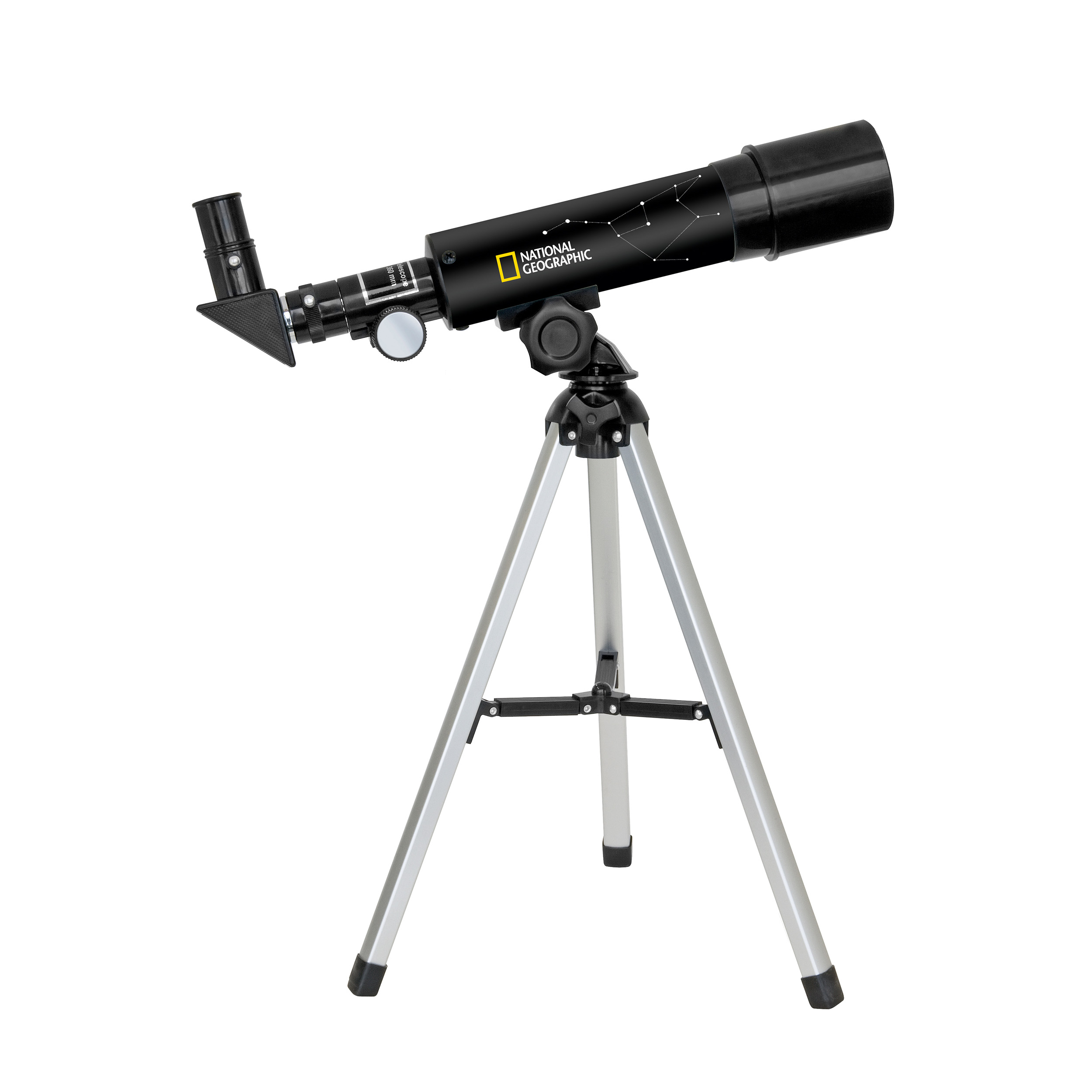 Un telescopio negro National Geographic montado en un trípode plateado sobre fondo blanco.