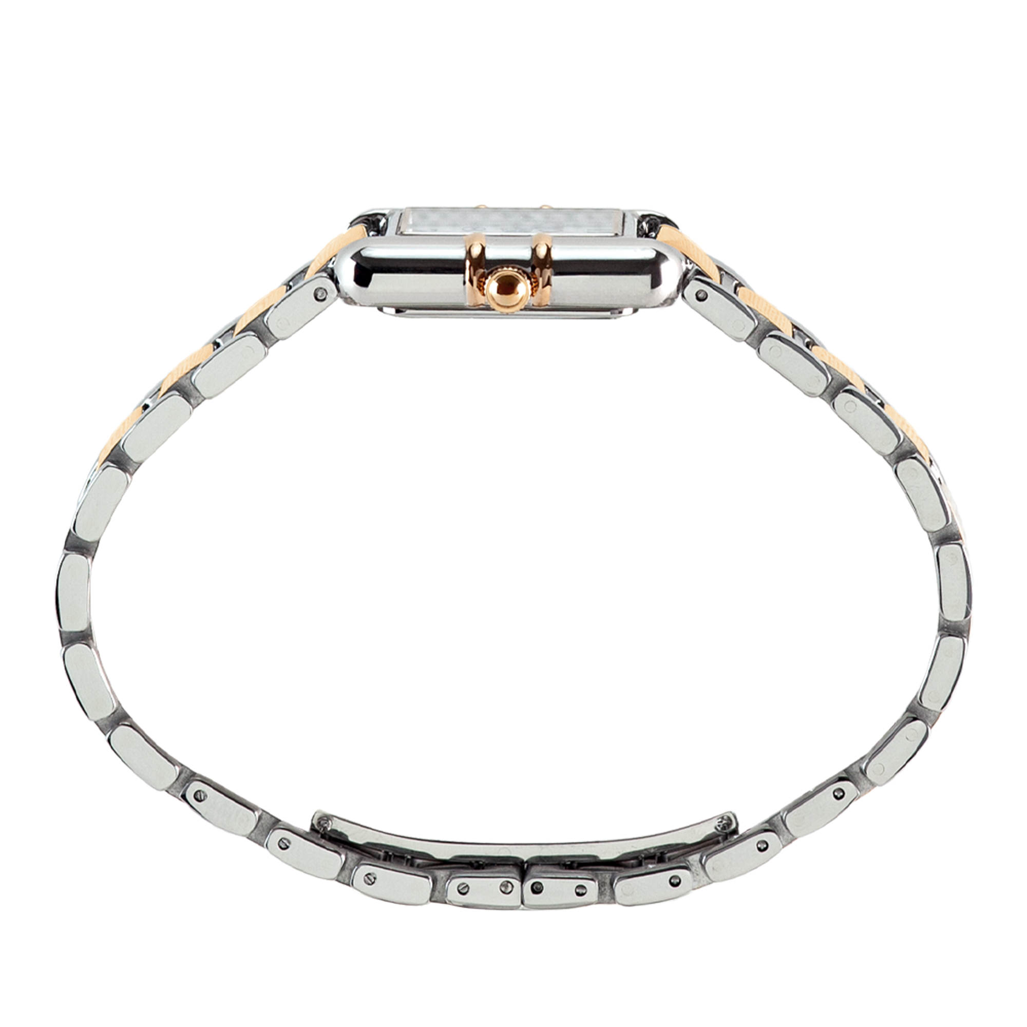 Eine zweifarbige Armbanduhr mit Gliederarmband in Silber und Gold auf weißem Hintergrund.