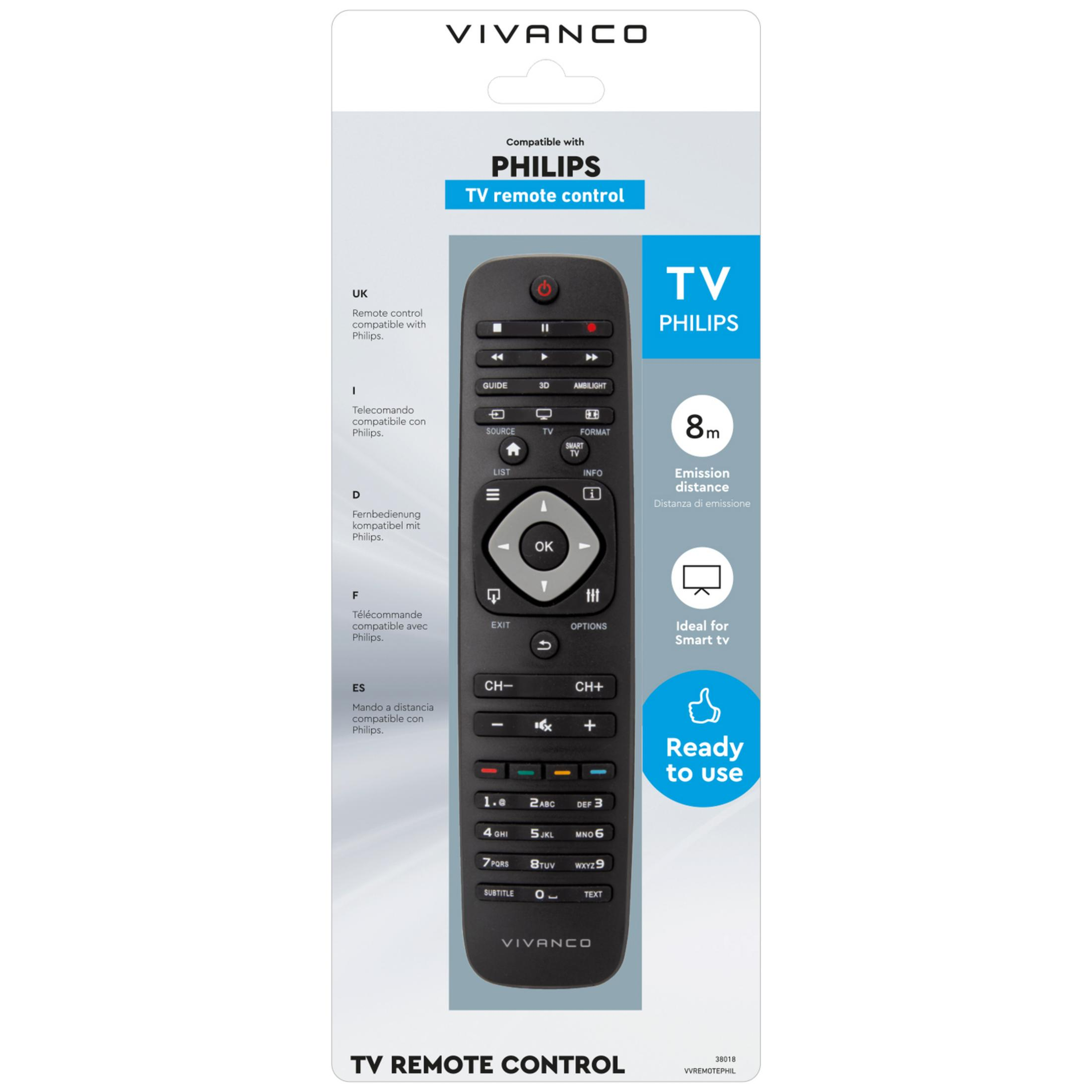 Confezione per telecomando TV Vivanco Philips, con telecomando nero e caratteristiche.