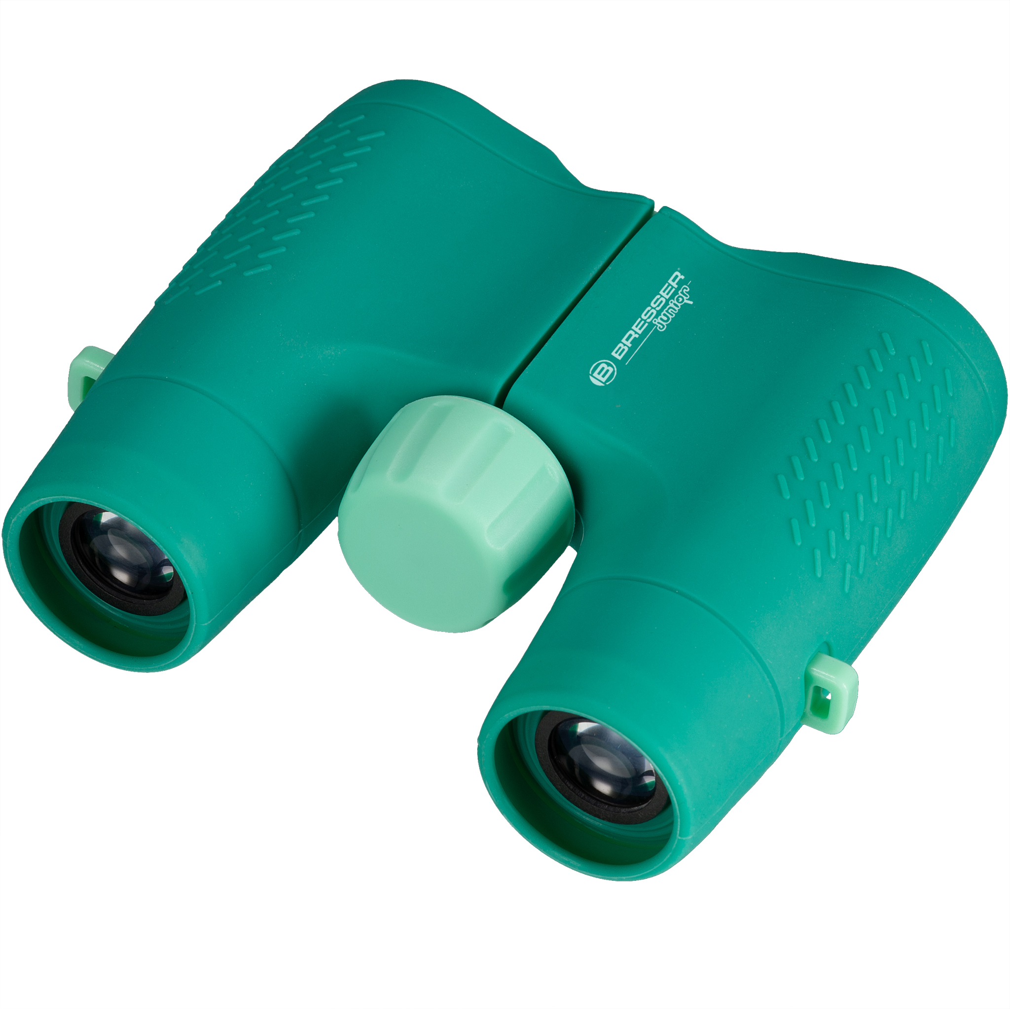Binocolo Bresser junior verde acqua con rotella di messa a fuoco centrale su sfondo bianco.