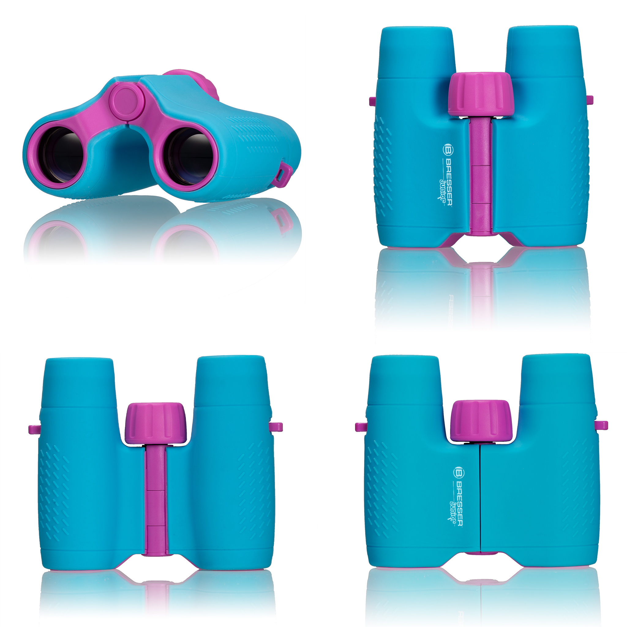 Quattro viste di un binocolo Bresser Junior blu e rosa su uno sfondo bianco.