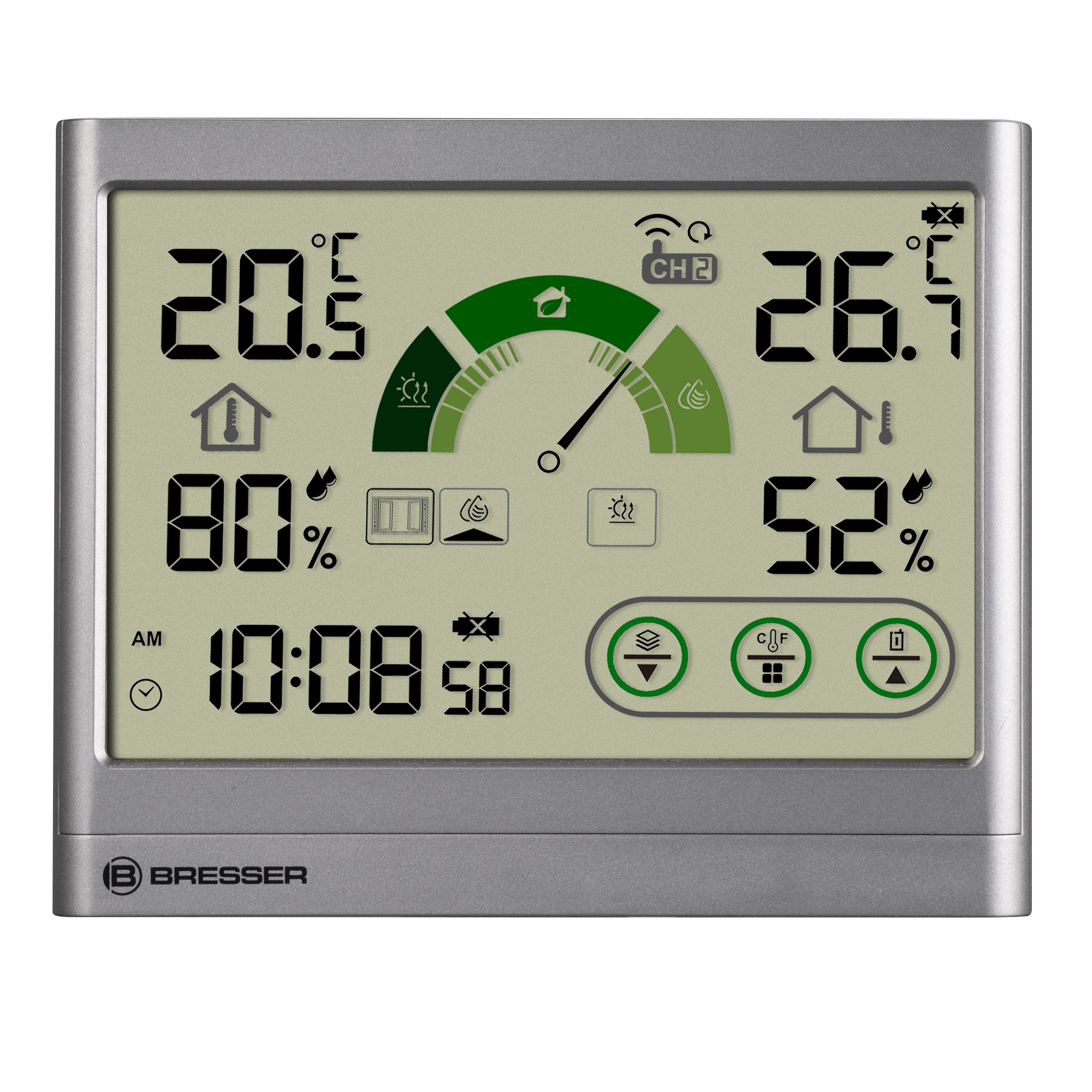 Estación meteorológica Bresser con pantalla digital que muestra temperatura, humedad, hora e índice de confort.