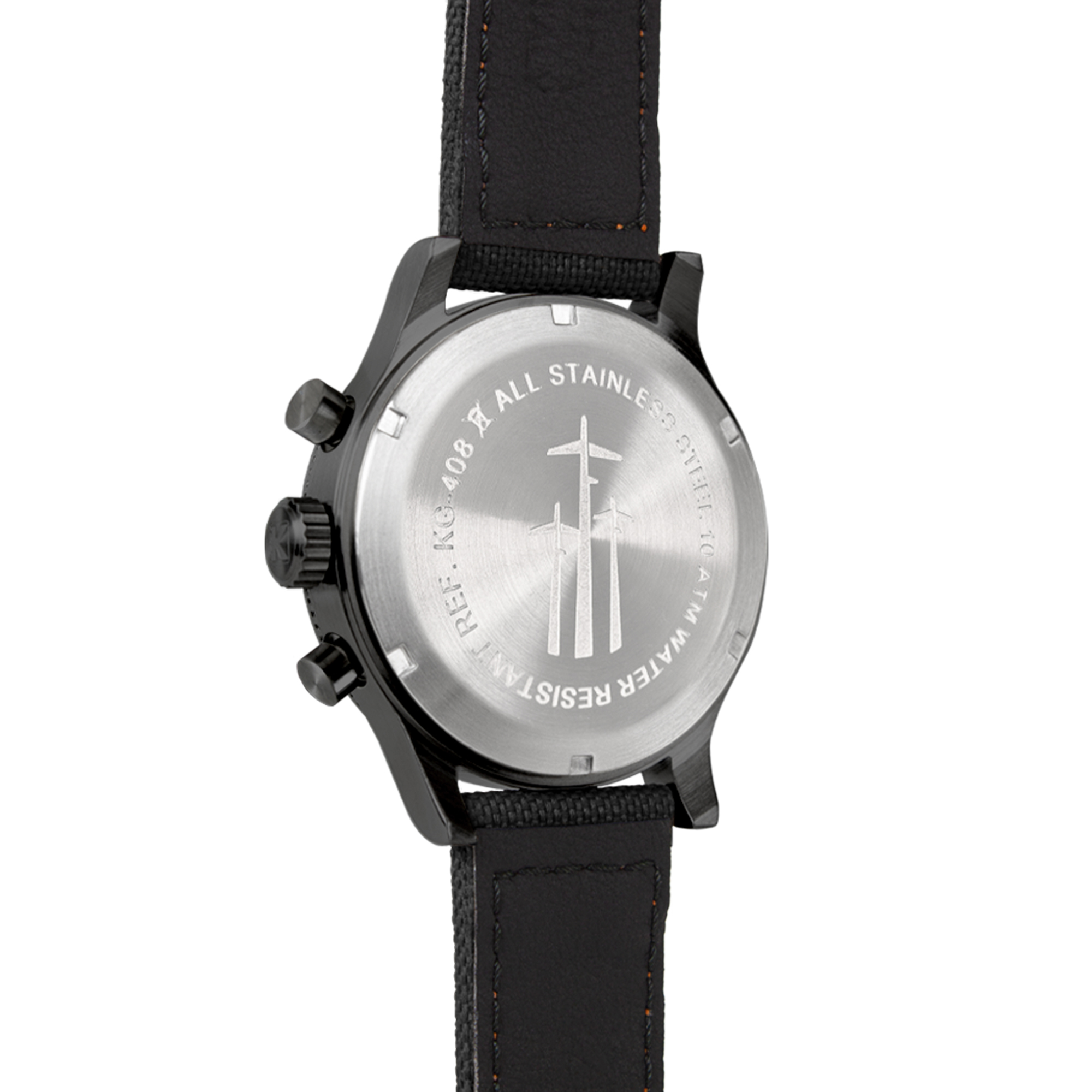 Rückseite einer schwarzen Uhr mit Edelstahlboden und Gravur.