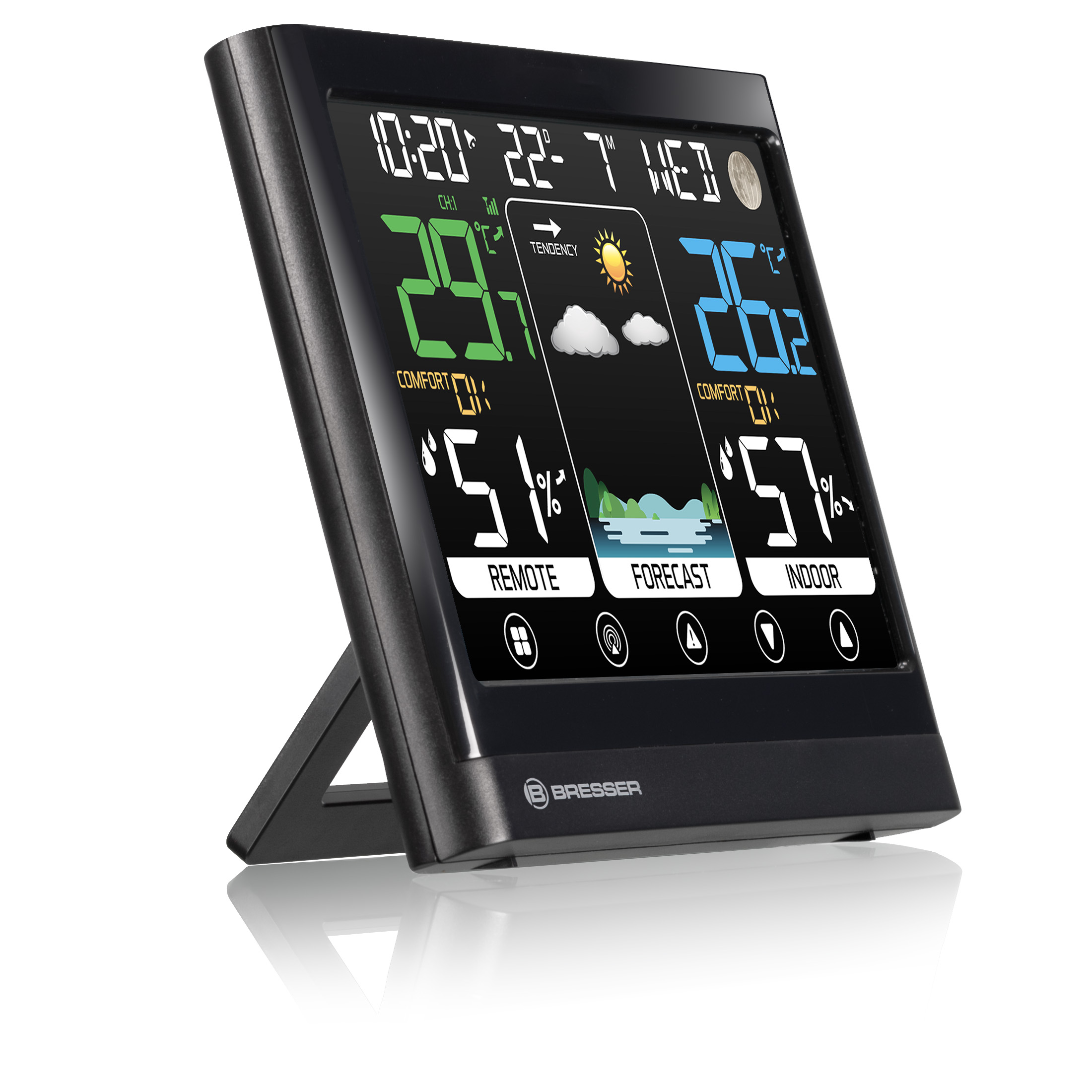 Eine schwarze digitale Wetterstation zeigt Innen- und Außentemperatur, Luftfeuchtigkeit, Uhrzeit und Prognose.