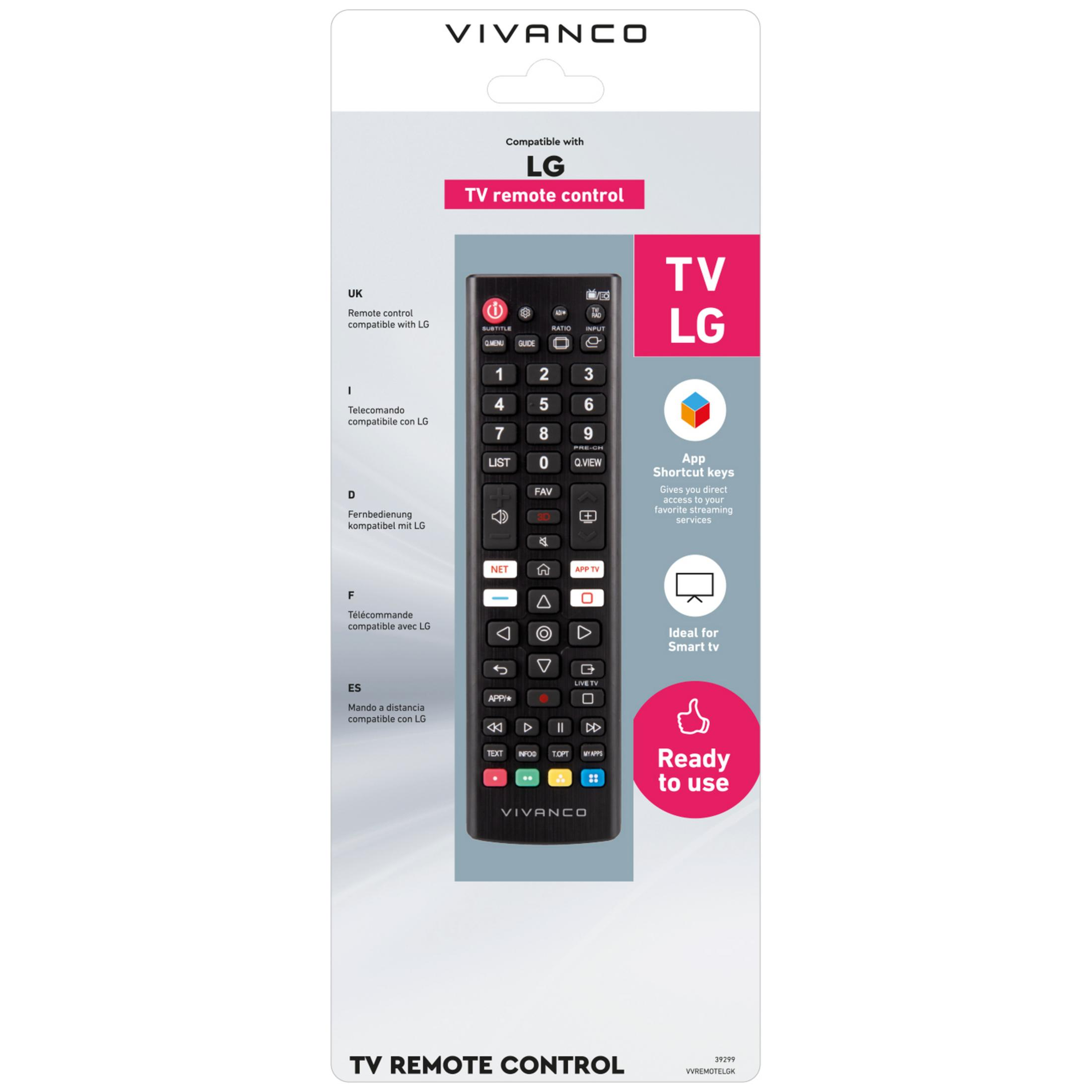 Telecomando TV Vivanco in confezione, compatibile con LG.