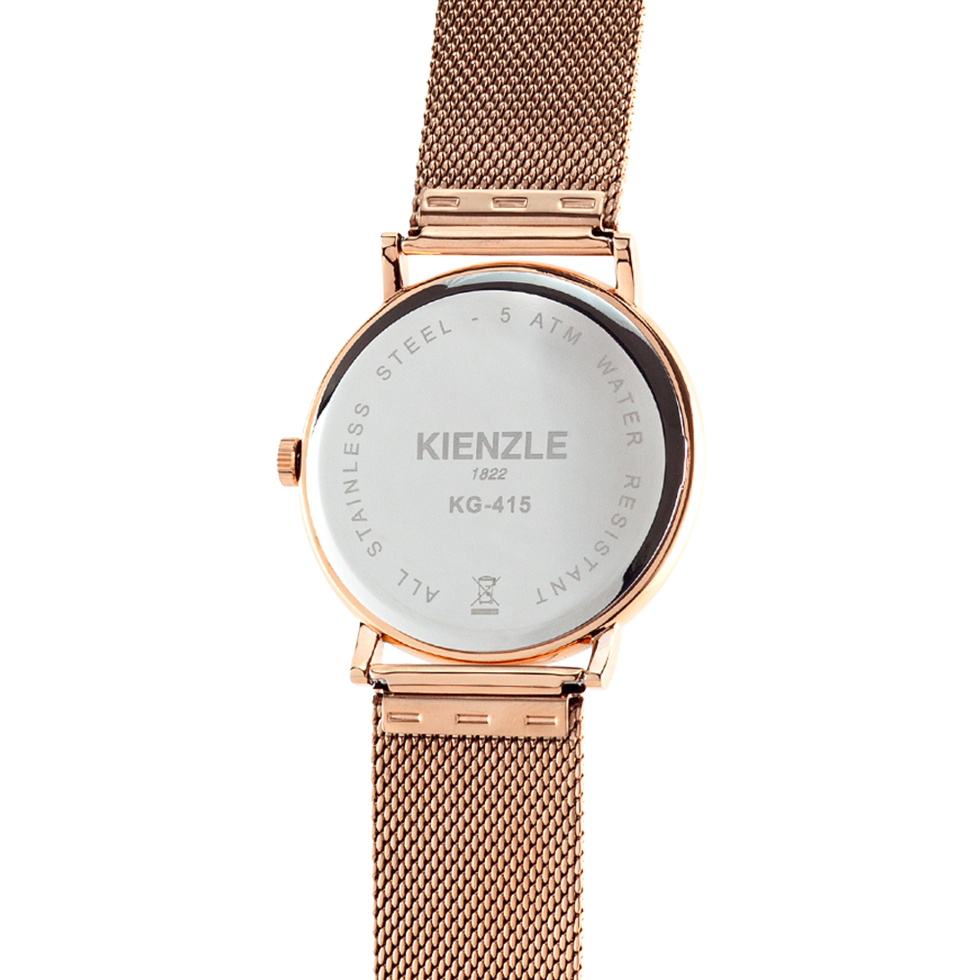 Rückseite einer roségoldenen Kienzle Armbanduhr mit Mesh-Armband auf weißem Hintergrund.