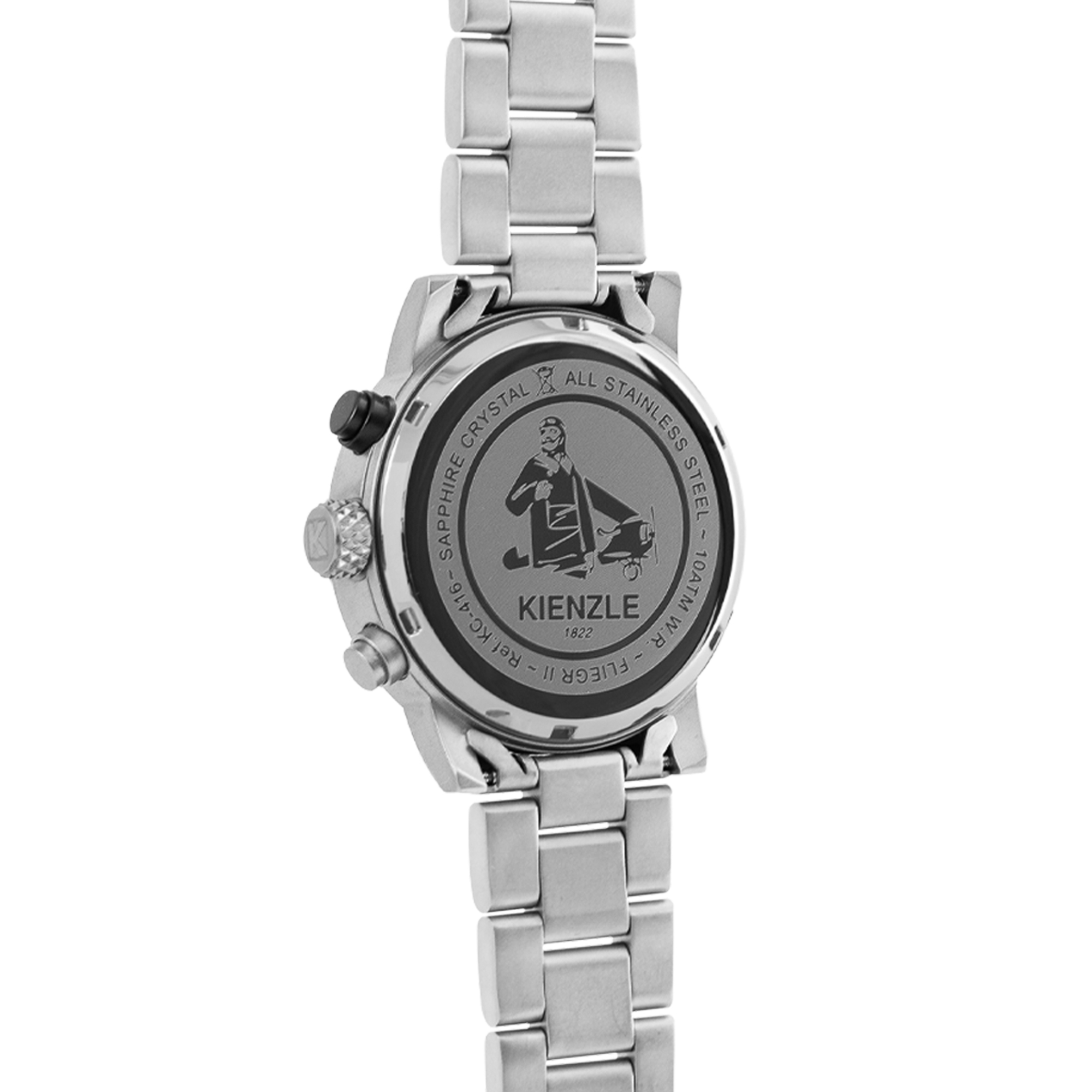 Rückseite einer silbernen Kienzle-Armbanduhr mit Stahlarband auf weißem Hintergrund.