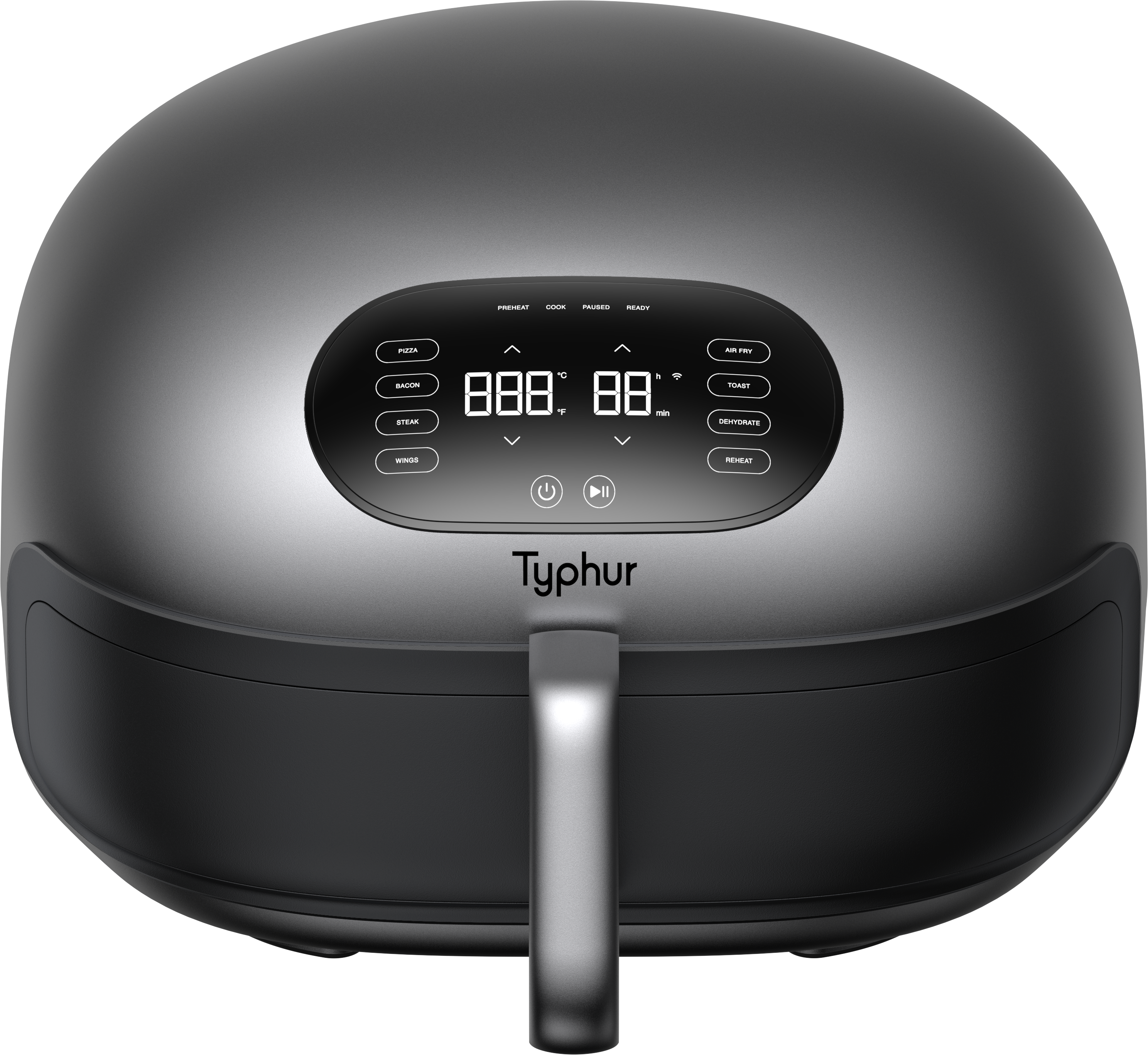 Eine moderne graue Typhur Heißluftfritteuse mit digitalem Display, Touch-Tasten und zentralem Griff vor schwarzem Hintergrund.