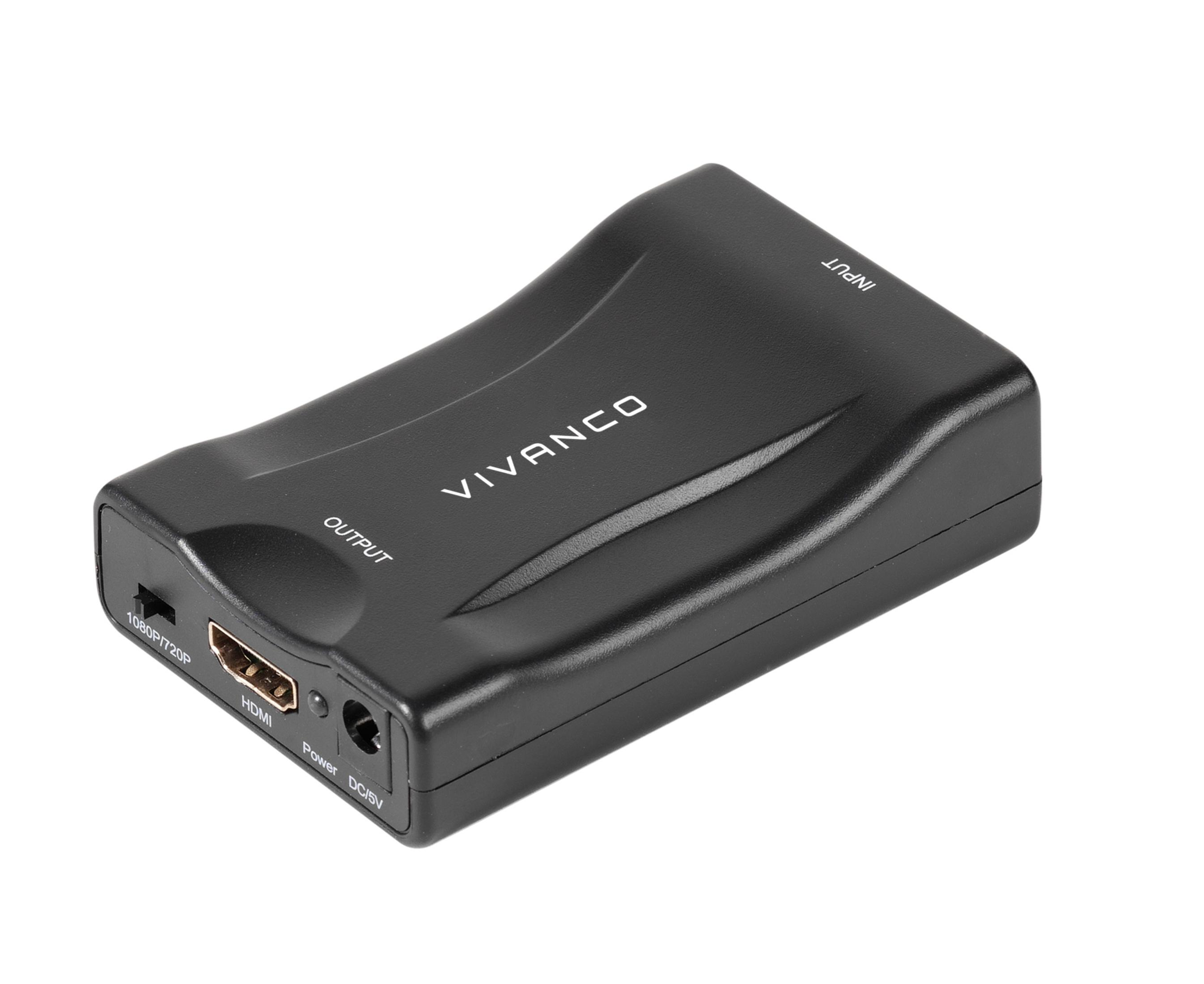 Una caja convertidora de video Vivanco negra con salida HDMI, puerto de alimentación y conmutador 1080P/720P sobre fondo blanco.