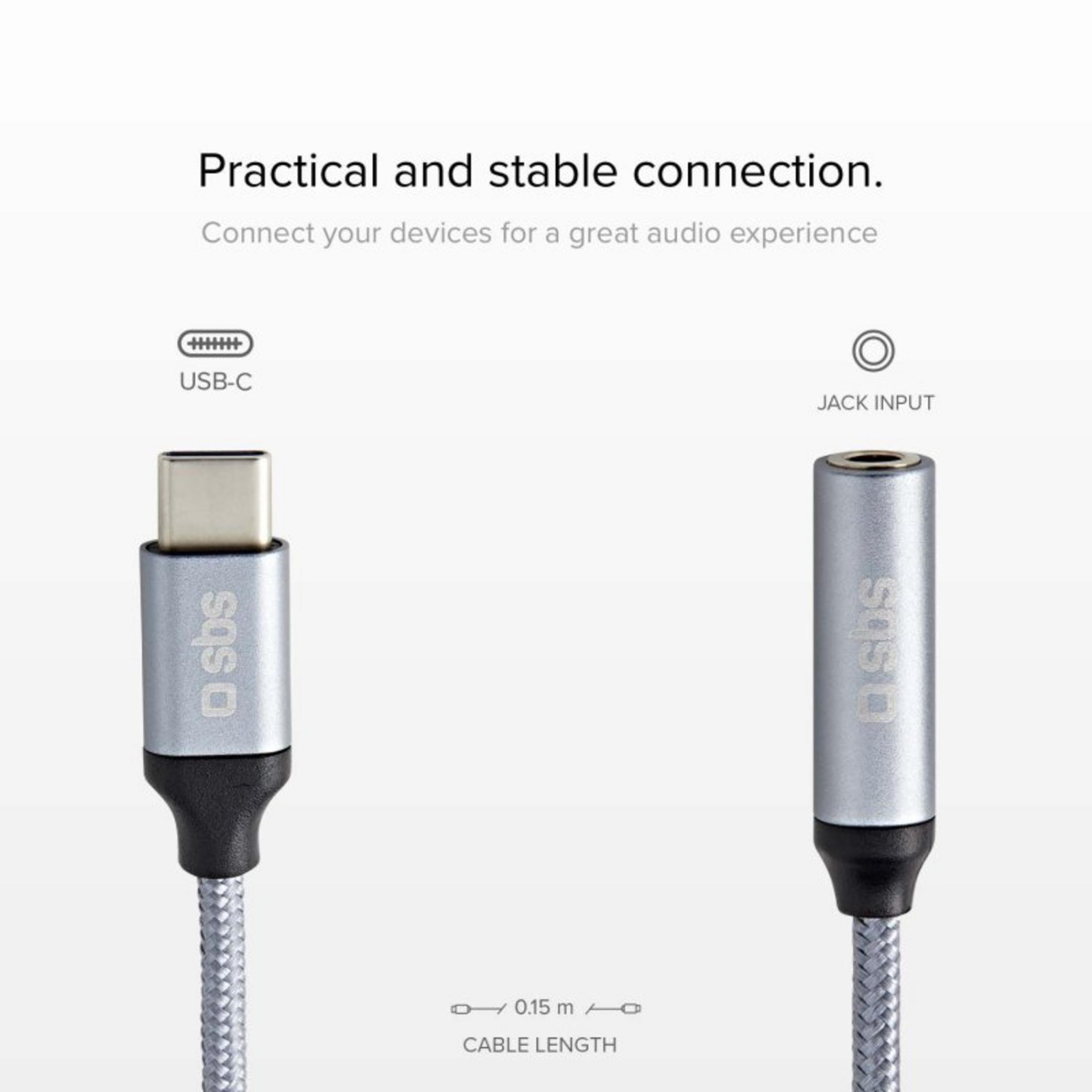 Adaptador USB-C a jack con cable trenzado de 0,15 m y conectores plateados.