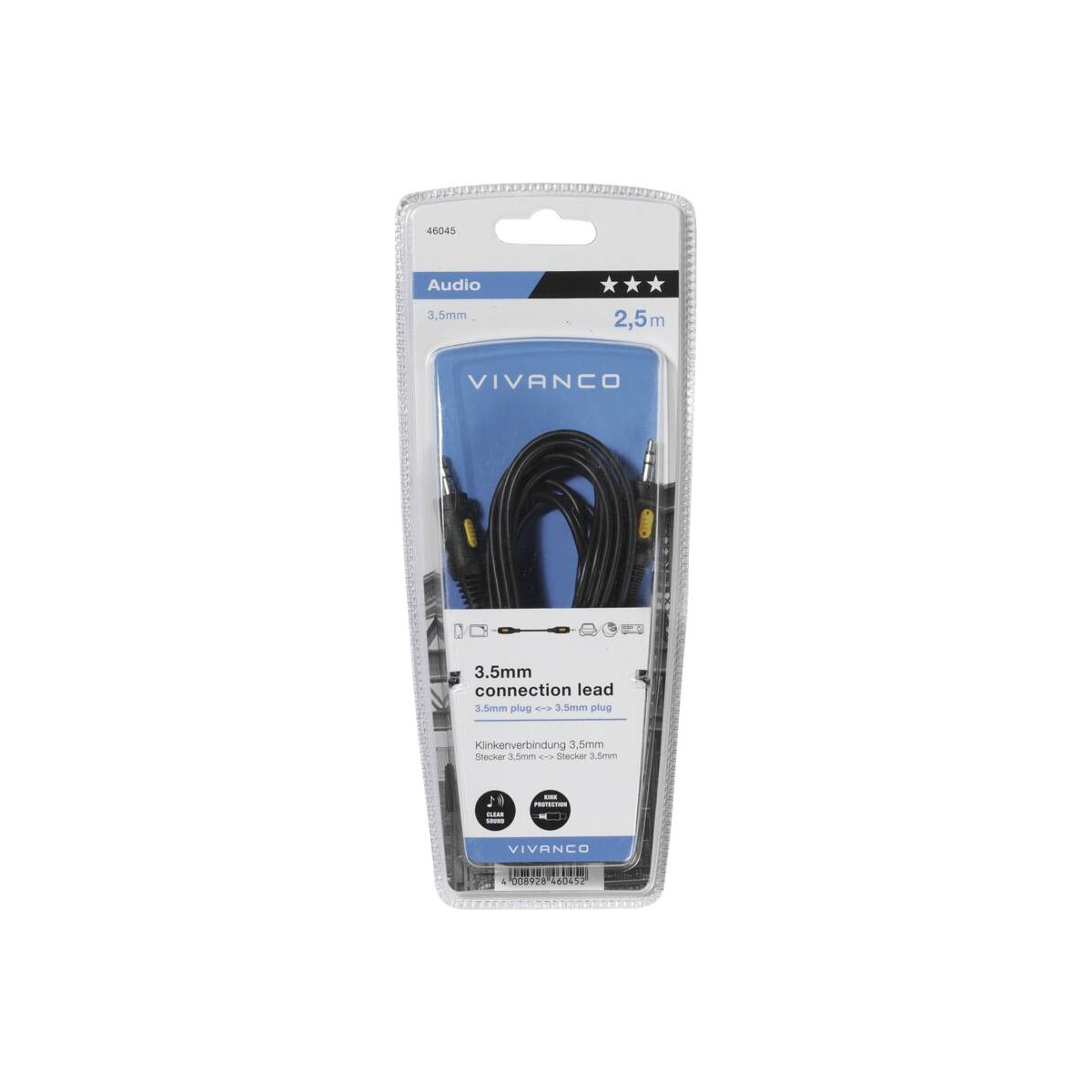 Un cable de conexión de audio Vivanco de 3,5 mm en un blíster sobre fondo blanco.