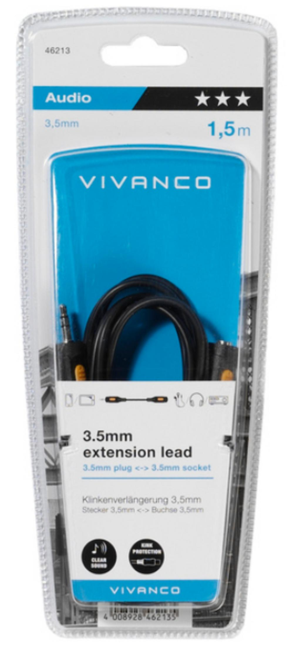 Vivanco 3,5mm Audiokabel-Verlängerung, 1,5 Meter lang, in ungeöffneter Blisterverpackung.