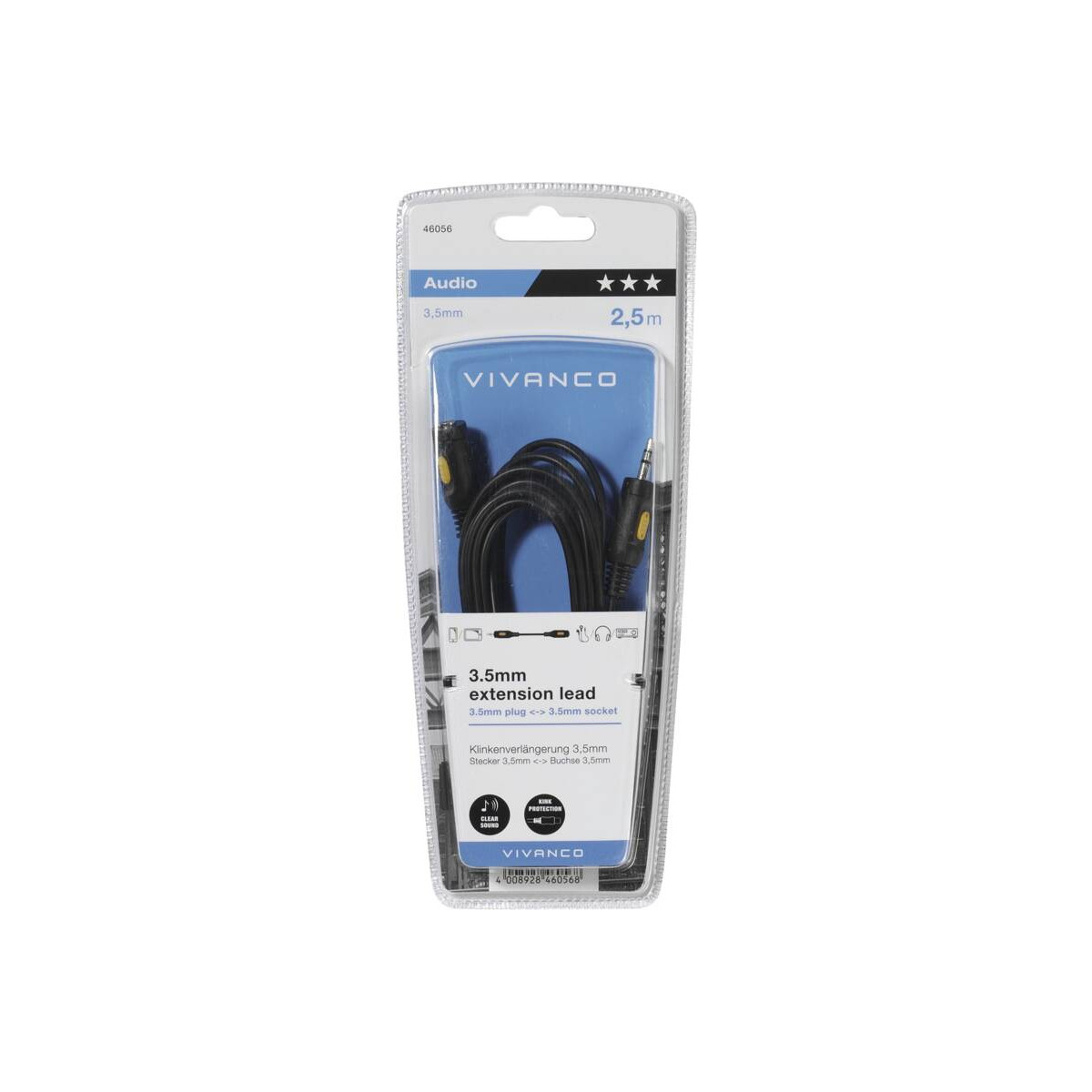 Verpacktes Vivanco 3,5 mm Audio-Verlängerungskabel in Schwarz, 2,5 m lang.