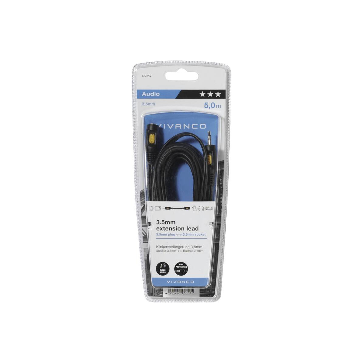 Cable de extensión de audio Vivanco de 3.5 mm empaquetado, 5 metros de largo.