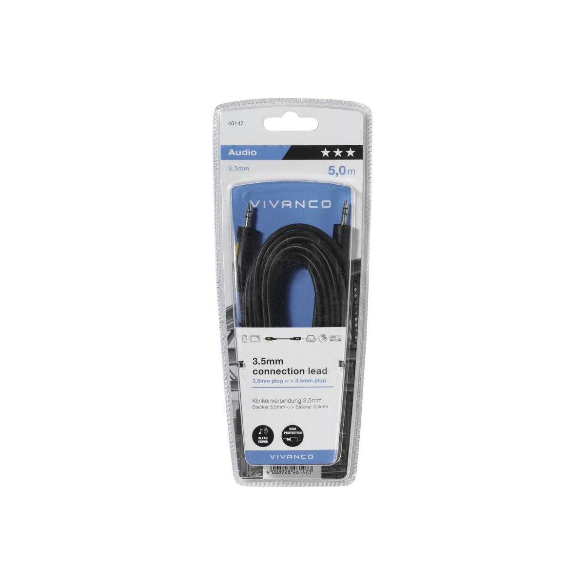Cable de audio Vivanco de 3.5 mm empaquetado, de 5 metros de largo, en envase de plástico.