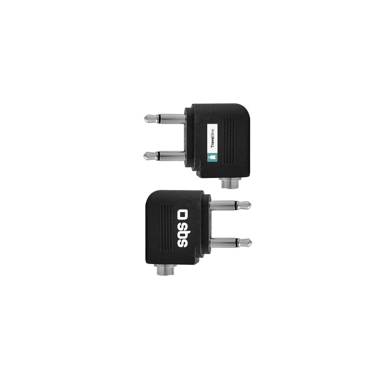 Dos adaptadores de audio negros para aviones con dos clavijas y una entrada sobre fondo blanco.