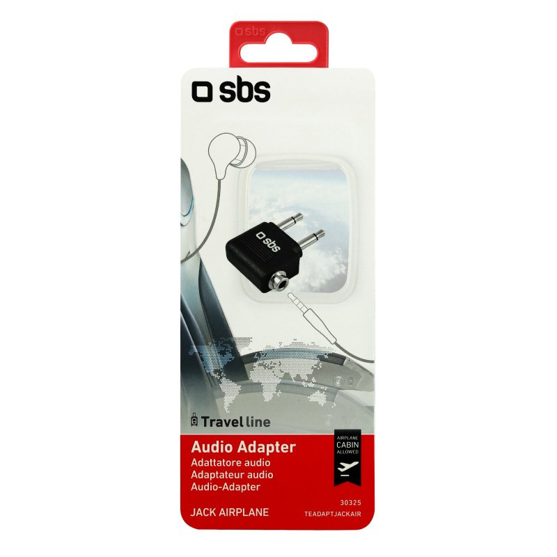 Embalaje del adaptador de audio SBS Travel line con un conector para avión y fondo de interior de avión.