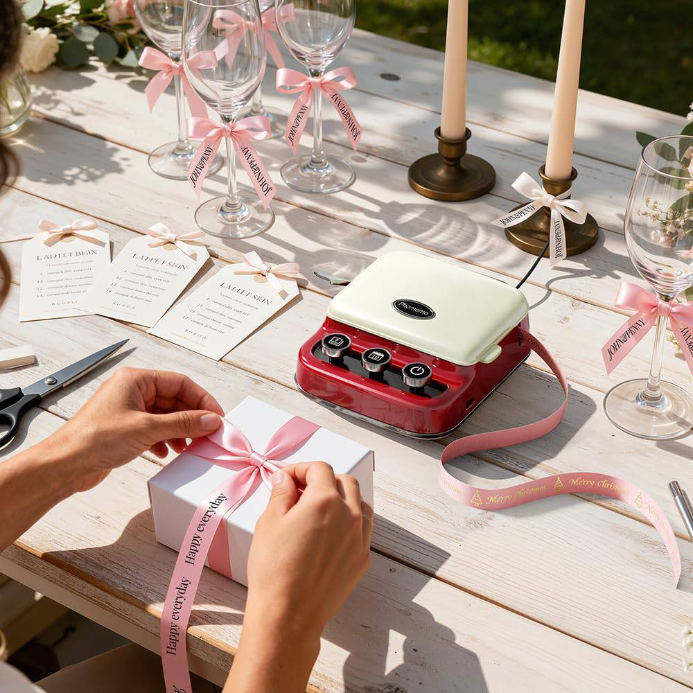 Une personne noue un ruban rouge autour d'un cadeau blanc sur une table en bois.