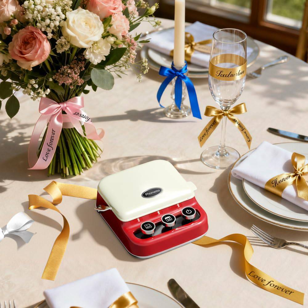 Un appareil rouge et blanc repose sur une table décorée de fleurs, de verres et de rubans.