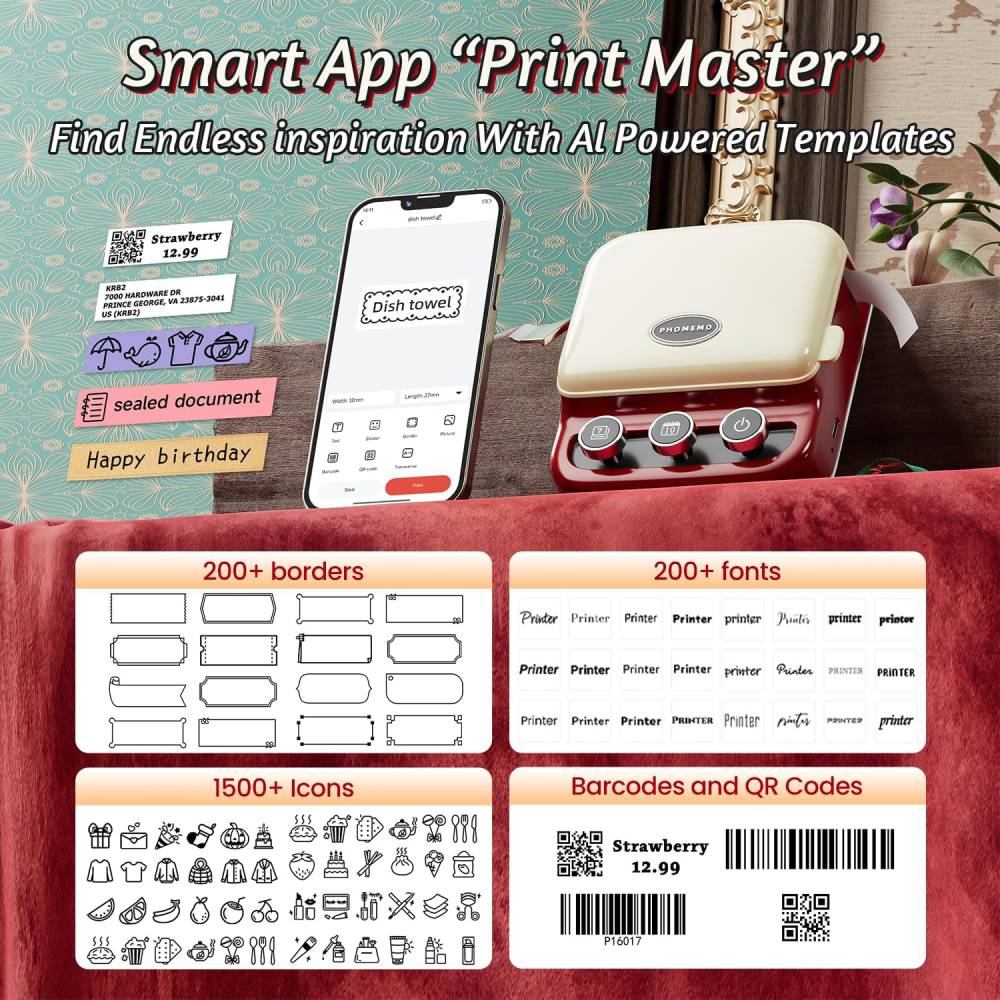 Smart App Print Master avec mini imprimante, téléphone avec application, modèles, polices, icônes et codes-barres.