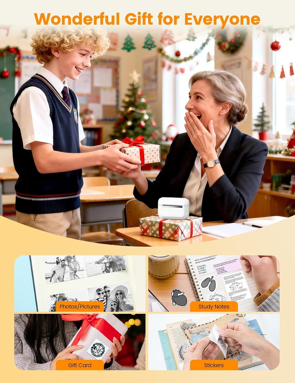 Un garçon offre un cadeau à une enseignante surprise dans une classe décorée.