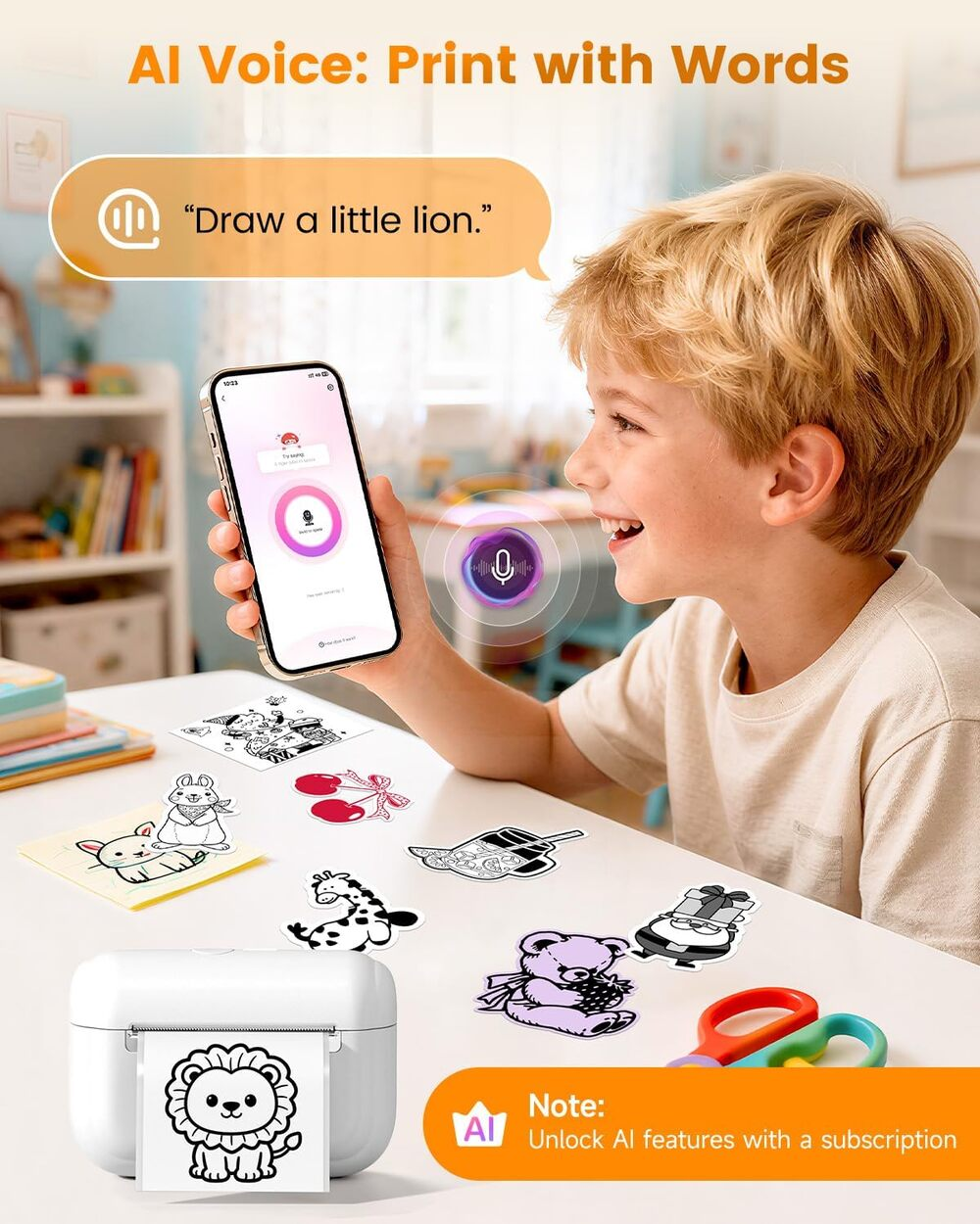 Un garçon utilise la voix IA sur smartphone pour imprimer des coloriages avec une petite imprimante.