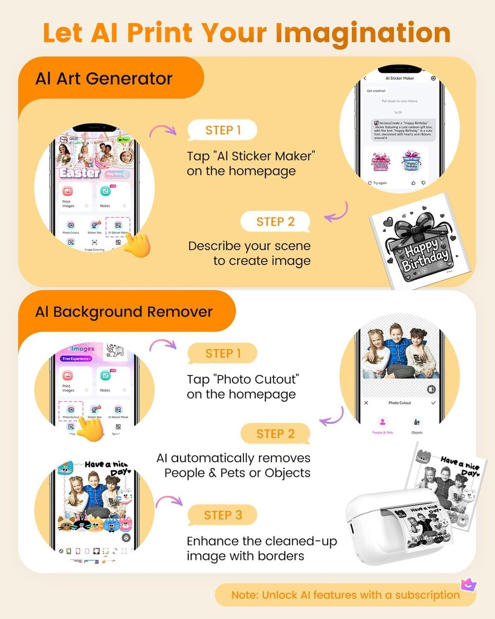Infographie explicative montrant l'utilisation des fonctionnalités d'IA pour l'art et le détourage sur mobile.