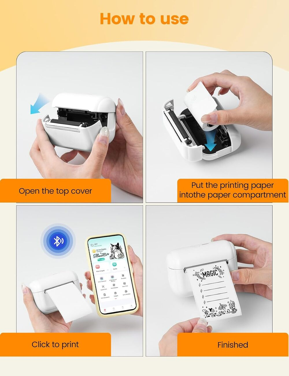 Quatre étapes pour utiliser une mini-imprimante : ouvrir, insérer le papier, imprimer, terminé.