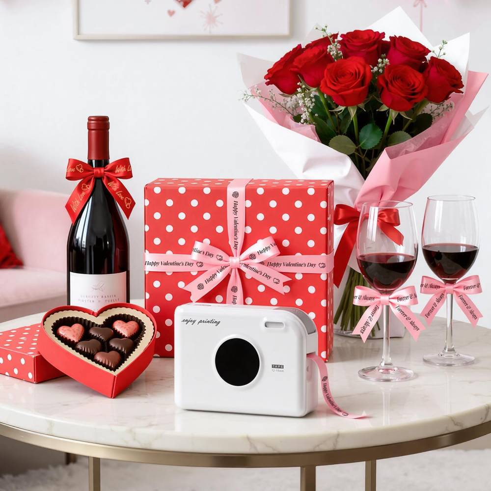 Table de Saint-Valentin avec vin rouge, chocolats, cadeau et roses rouges.