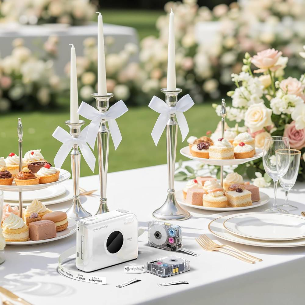 Table de fête en plein air avec imprimante blanche, bougies, petits gâteaux et fleurs.
