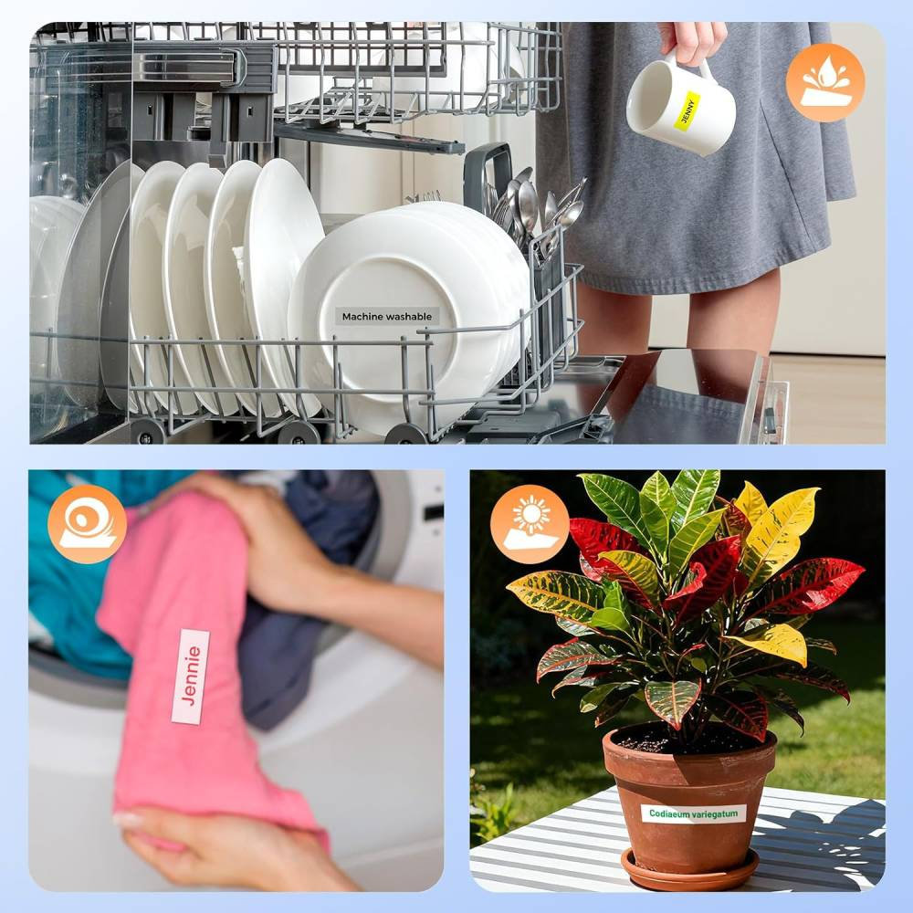 Diverses étiquettes domestiques apposées sur de la vaisselle, des vêtements et des plantes.