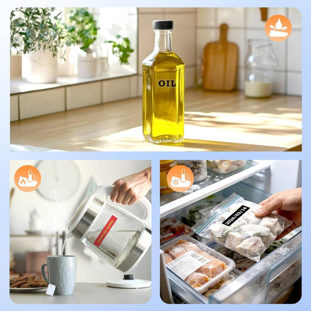 Trois images montrent de l'huile en bouteille, de l'eau chaude versée d'une bouilloire et des aliments au congélateur.