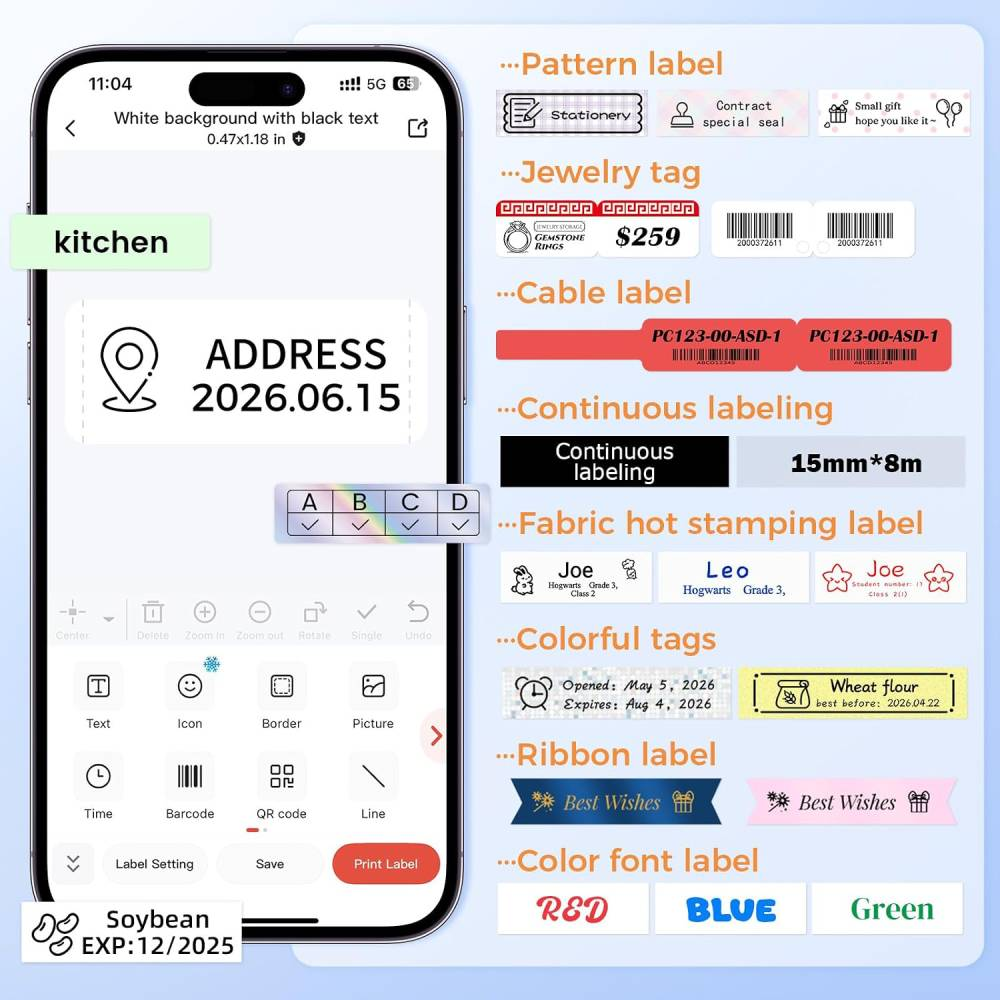 Une application mobile affiche des options de conception d'étiquettes avec des exemples d'étiquettes imprimées.