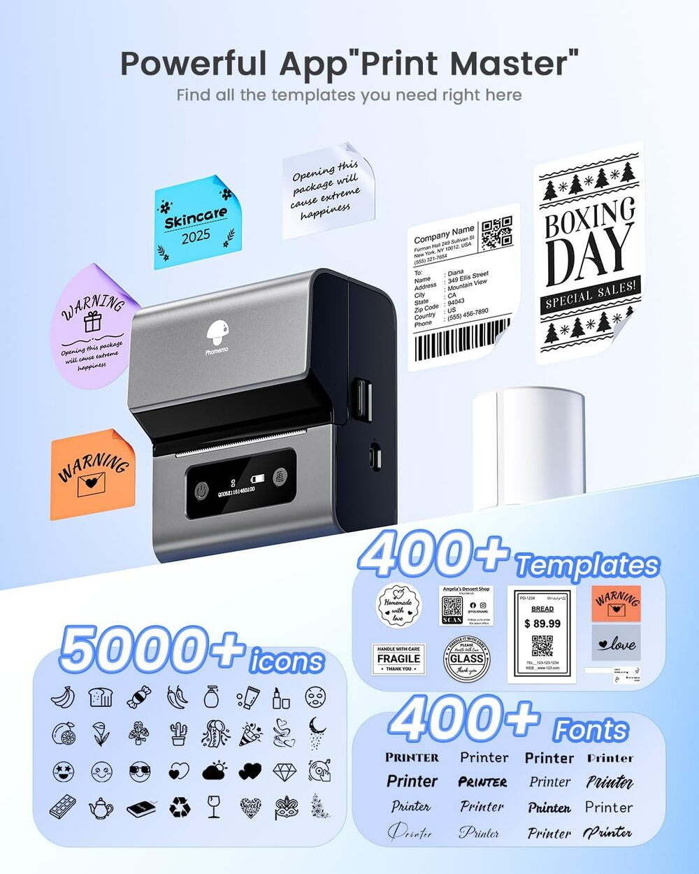 Une imprimante portable Phomemo entourée d'étiquettes, d'icônes, de modèles et de texte publicitaire.