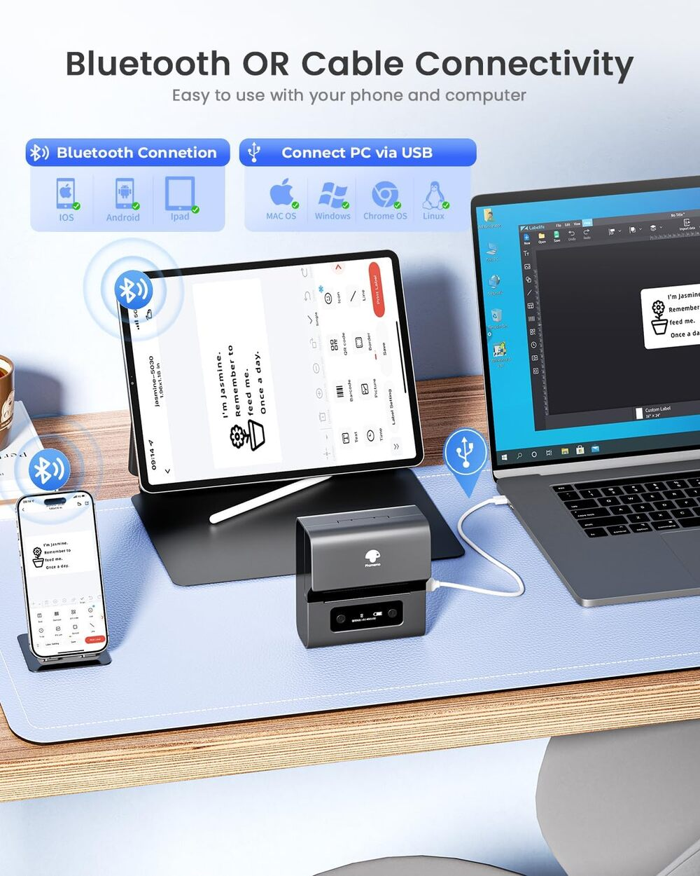 Imprimante d'étiquettes compacte sur un bureau avec un smartphone, une tablette et un ordinateur portable, connectés via Bluetooth et USB.