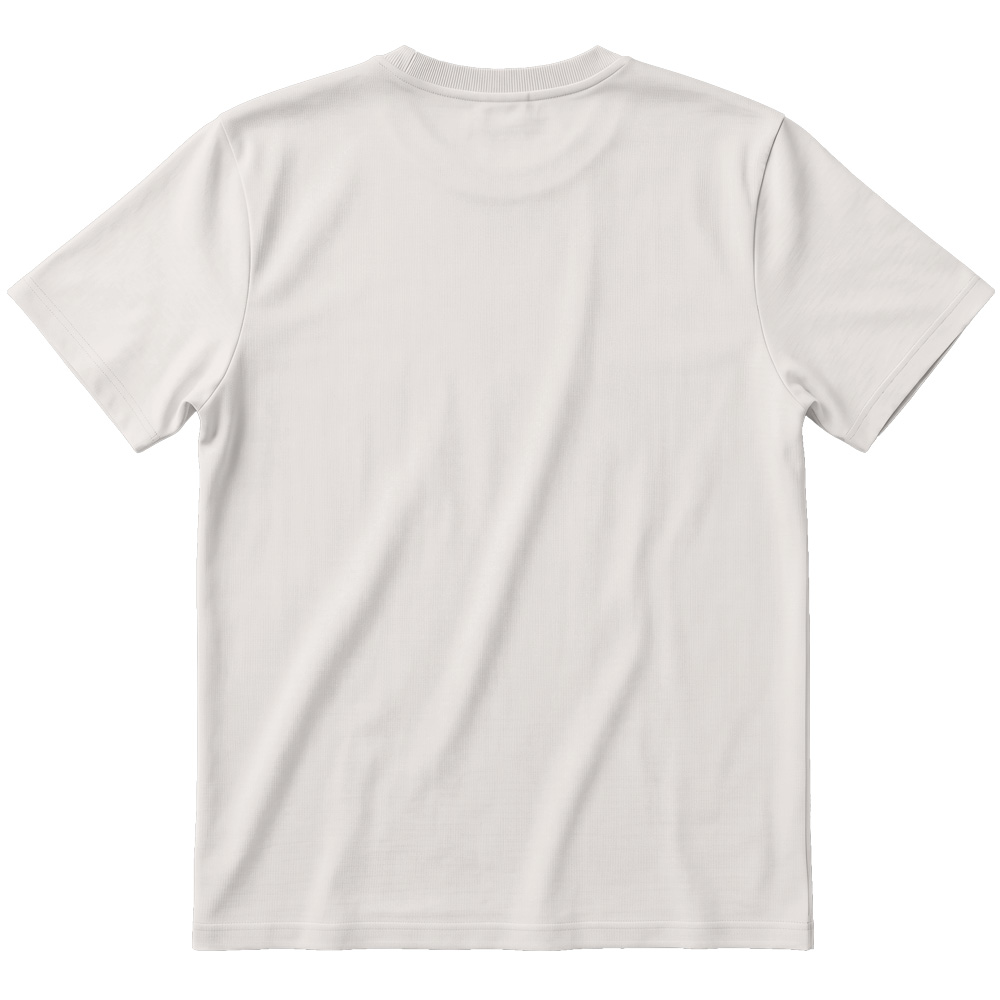 Eine einfarbige, hellbeige T-Shirt-Rückseite vor weißem Hintergrund mit kurzen Ärmeln und geradem Saum.