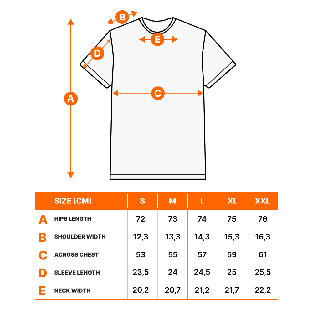 T-Shirt Größentabelle mit Maßen A bis E für S bis XXL.