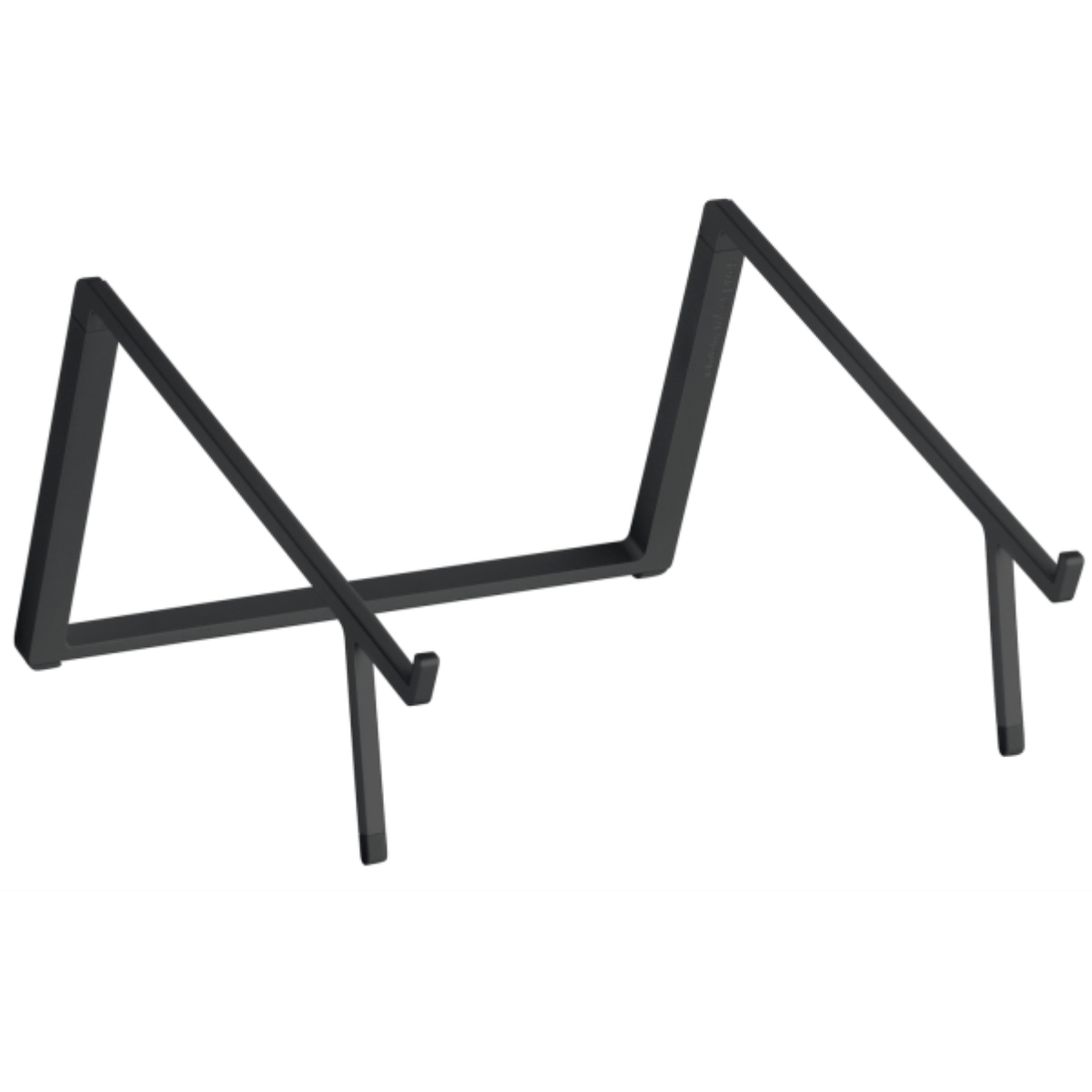 Ein minimalistischer schwarzer Laptopständer auf weißem Hintergrund.
