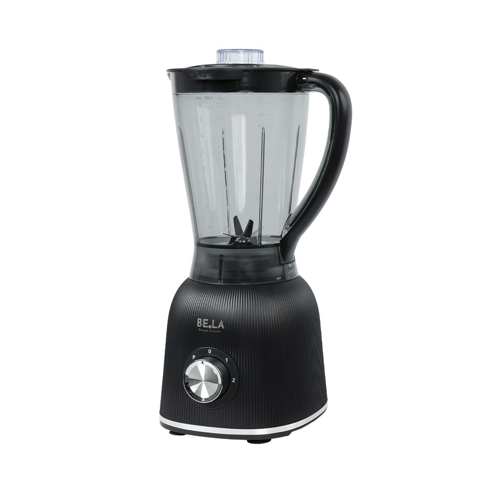 Un blender noir avec un pichet transparent et un sélecteur de vitesse rotatif argenté.