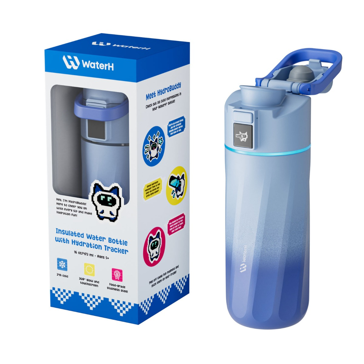 Blaue isolierte Wasserflasche mit Hydratations-Tracker neben ihrer Produktverpackung.