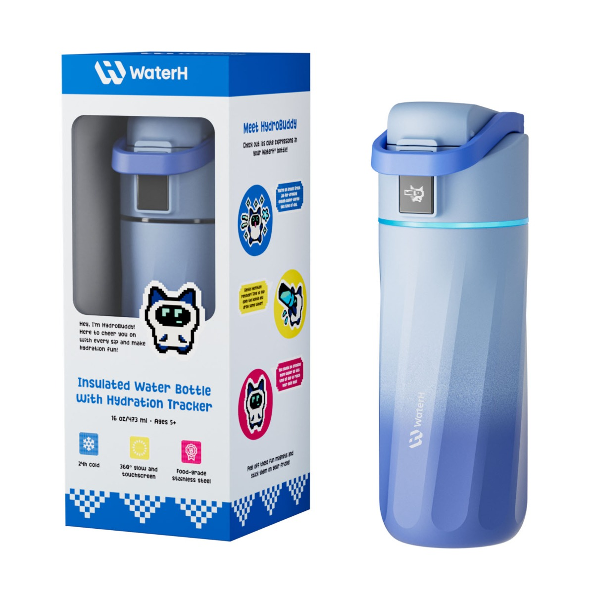 Blaue isolierte Wasserflasche mit Hydratations-Tracker neben ihrer Verpackung.