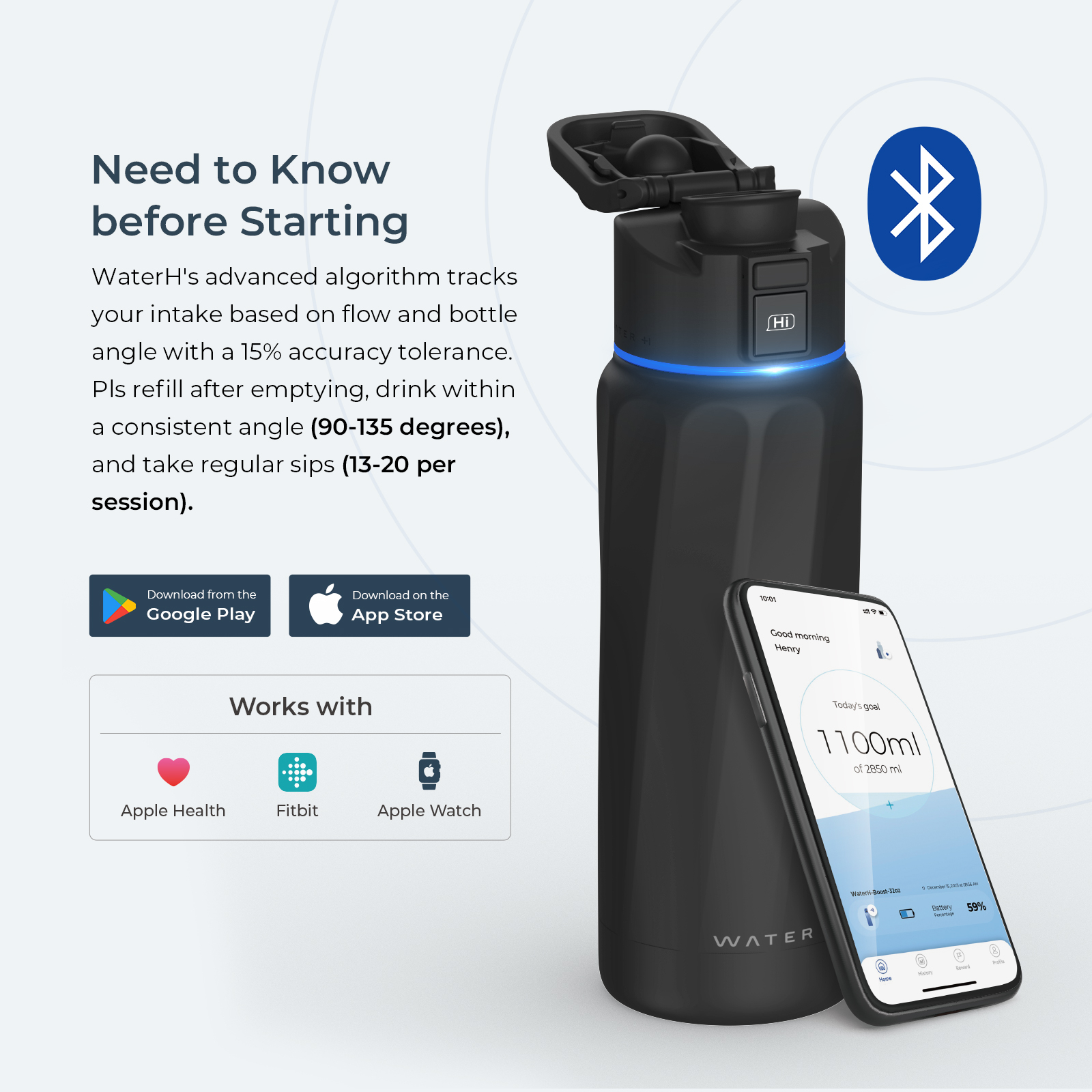 Eine schwarze smarte Trinkflasche und ein Smartphone mit Tracking-App, links Text- und App-Store-Logos.