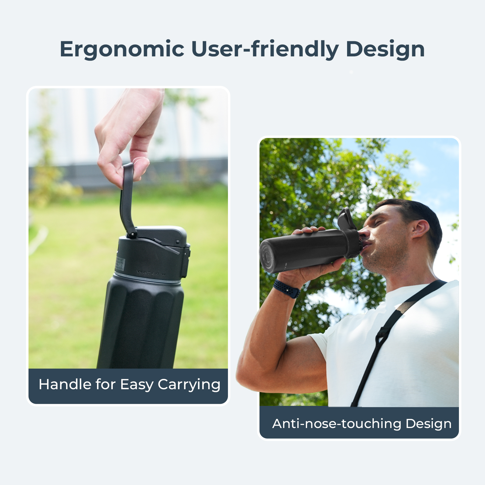 Ergonomisches Design zeigt eine schwarze Wasserflasche mit Tragegriff und einem Anti-Nase-Berührung-Design beim Trinken.