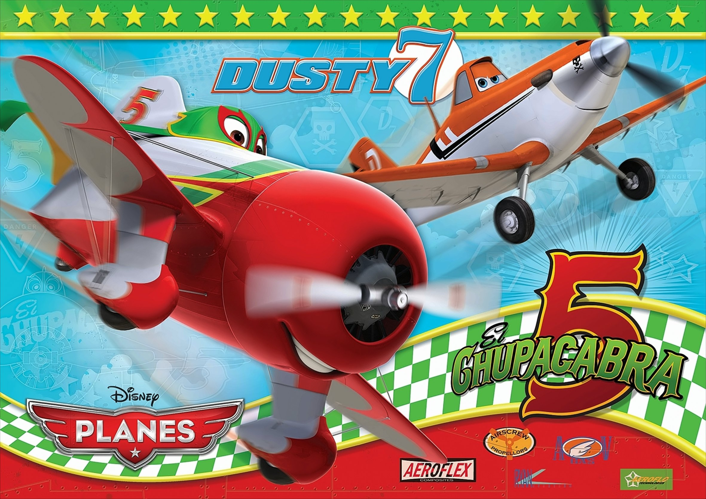 Zwei animierte Flugzeuge, Dusty und El Chupacabra, fliegen vor blauem Hintergrund mit dem Disneys Planes Logo.