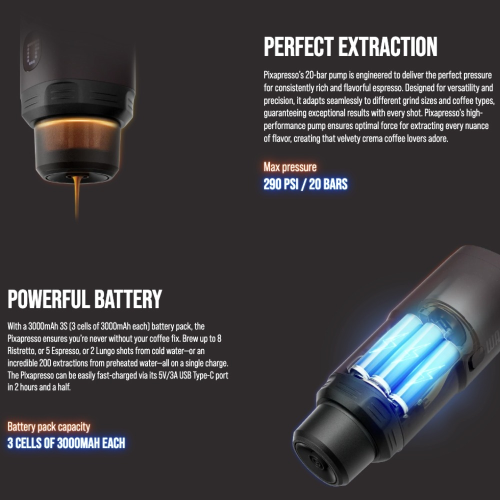 Werbebild für die tragbare Espressomaschine Pixapresso, das 20 Bar Druck und eine leistungsstarke Batterie zeigt.