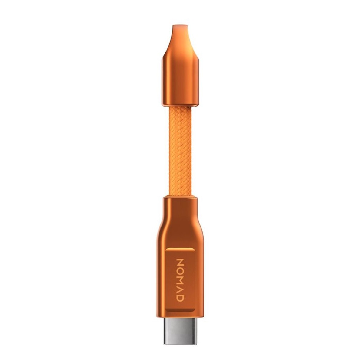 Ein orangefarbenes Nomad USB-Kabel mit Metallsteckern auf weißem Hintergrund.