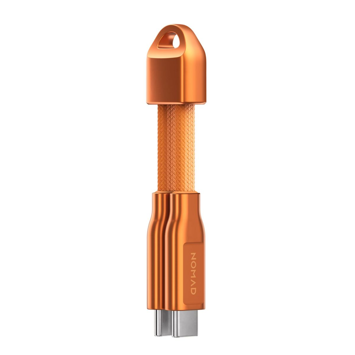 Ein orangefarbenes Nomad-USB-Kabel mit geflochtenem Kabel, Ösenträger und zwei USB-C-Anschlüssen.