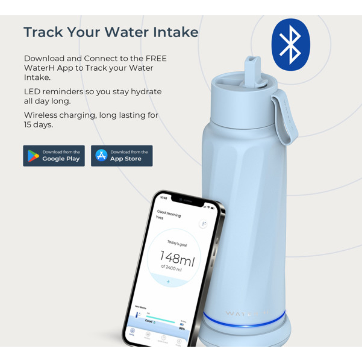Eine hellblaue intelligente Trinkflasche neben einem Smartphone mit einer Wasser-Tracking-App und Text.