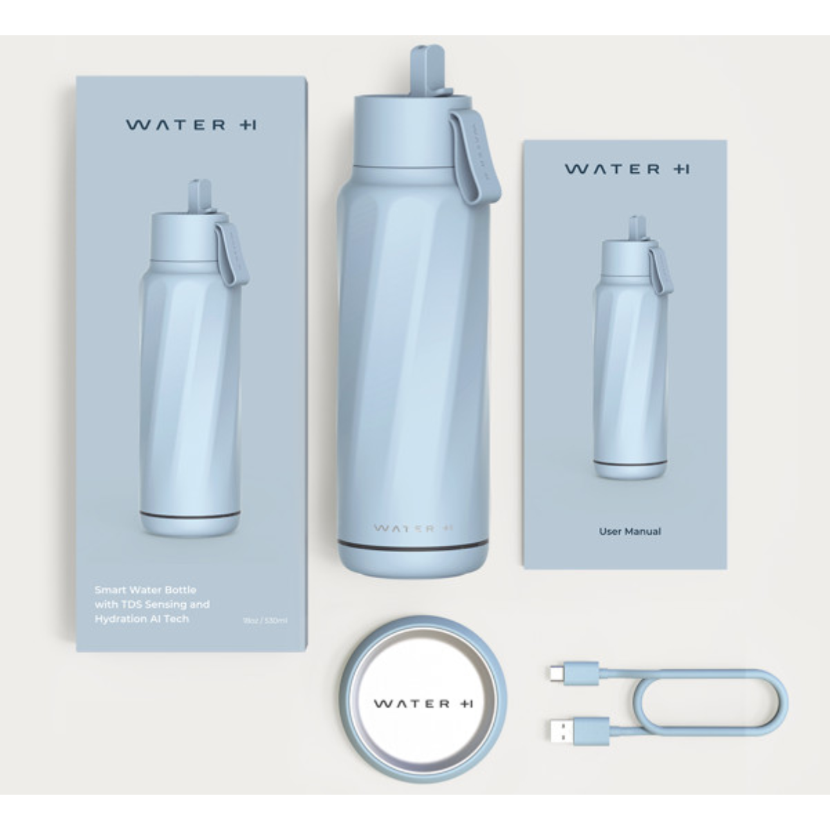 Blaue Smart-Trinkflasche mit Box, Handbuch, Ladestation und USB-Kabel.